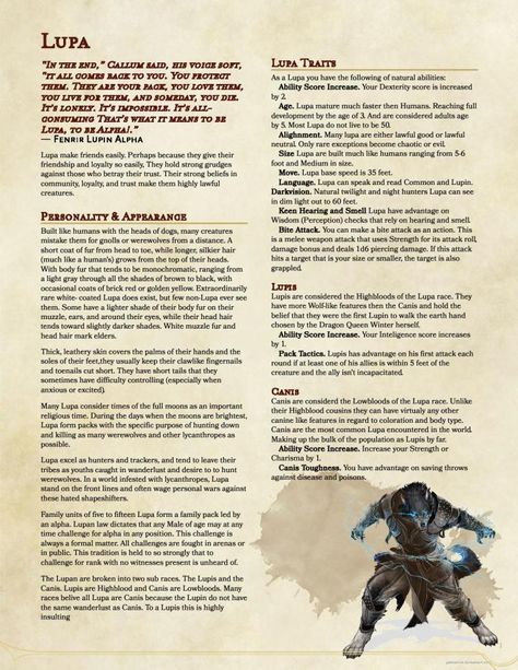 My Homebrew Three: Race Lupa – Runkle Plays Games Dnd 5e Races, Homebrew Races, 5e Races, Dungeons And Dragons Races, D D Races, D D Classes, Dnd Homebrew, D D Character Ideas, Dnd Races