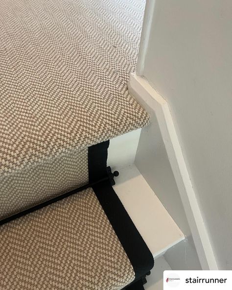 Definitely one of our best sellers! Fibre Flooring Chalk herringbone with black border @fibreflooring @jaspa_binding_tapes stair runner and landing carpet. Black jubilee stair rods @stairrods_uk #stairs #stairrunner #carpet #stairrods #stairrunners Herringbone Carpet Stairs And Landing, Fibre Flooring, Landing Carpet, Herringbone Carpet, Black Stairs, Virginia House, Stair Rods, Stair Case, Virginia Homes