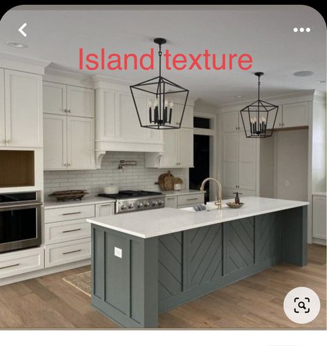 Farmhouse Kitchen Colored Island, Kitchen Cabinet Color Ideas With Island, Kitchen Island Addition Ideas, Colored Island With White Cabinets, Modern Kitchen Lighting Over Table, Front Of Kitchen Island Ideas, Different Color Island Than Cabinets, Kitchen Island Off Wall, Kitchen Island Cabinet Colors