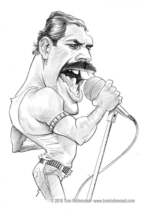 Freddie Mercury Caricatures Of Famous People, Characatures Sketches, Freddy Mercury Drawings, Karikatura Drawing, Tom Richmond Caricatures, Funny Caricatures Drawing, Freddie Mercury Sketch, Freddie Mercury Drawing, Tom Richmond