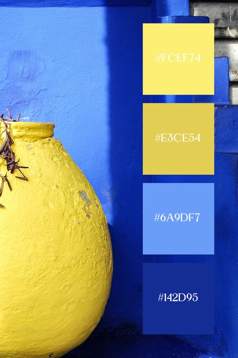 This blue and yellow palette features a striking contrast between a vibrant blue wall and a bright yellow vase, with the rough texture and natural shadows adding depth and interest to the scene. The rich blue staircase and the yellow pot create a visually dynamic composition that exudes Mediterranean charm. Bright Yellow Palette, Yellow Color Matching, Color Palette Yellow And Blue, Bright Blue And Yellow Color Palette, Striking Color Combinations, Klein Blue Color Palette, Vibrant Blue Aesthetic, Blue Pallet Color Combinations, Electric Blue Colour Palette