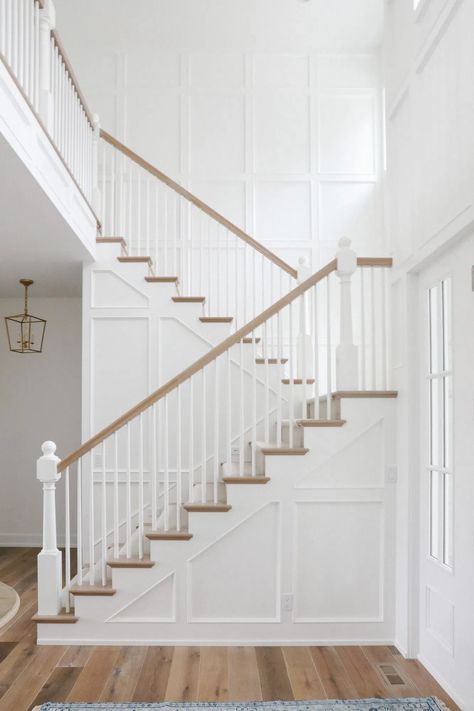 Bonus Room Playroom, Wainscoting Staircase, White Staircase, Foyer Staircase, House Staircase, Staircase Remodel, Staircase Wall, Lan Can, Simply White