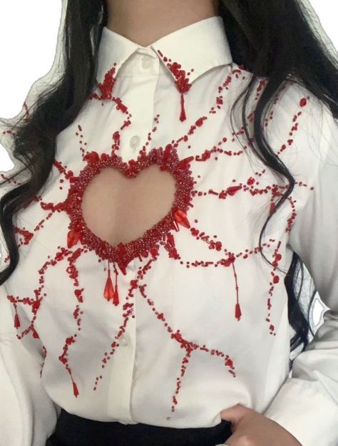 Beaded Heart Shirt, Heart Cutout Shirt, Clothes Redesign, Heart Cut Out Shirt, Heart Cut Out Top, Red Heart Shirt, Blood Shirt, Ropa Upcycling, Beaded Shirt