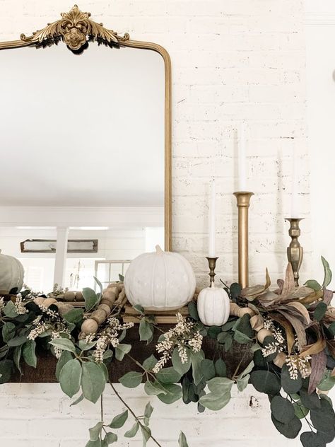 Anthropologie Mirror Dupe Fall Mantel Reveal | Bless This Nest Over Mantle Mirror, Circle Mirror Bedroom, Decorating Mantle, Wall Mirror Decor Ideas, Bedroom Mantle, Fall Mantels, Mirror Over Fireplace, Anthropologie Mirror, Antiques Decor