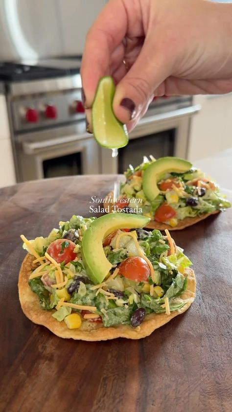 Southwestern salad tostada✨ Cre by @maxiskitchen For the Tostadas: ▪️2 Tbsp Avocado Oil▪️6 Corn Tortillas▪️Kosher Salt▪️ For the… | Instagram Salad In A Bowl, Southwestern Salad, Tostada Recipes, Full Recipes, Mediterranean Diet Plan, Mexican Cheese, Parmesan Crusted, Free Keto Recipes, Corn Tortillas