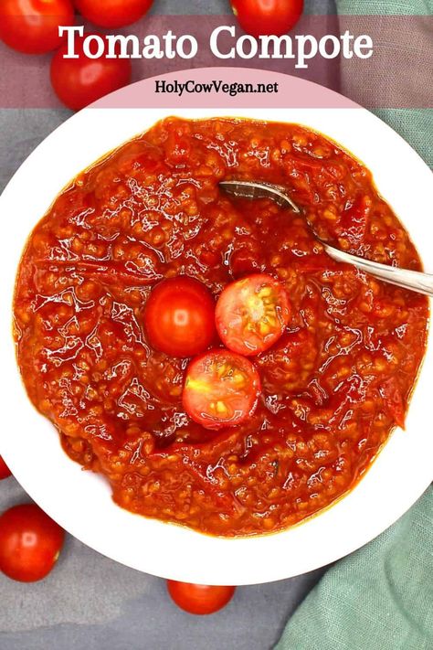 Tomato Compote, Cajun Sauce, Vegan Steak, Vegan Fries, Compote Recipe, Masala Sauce, Cooking Tomatoes, Grilled Tofu, Vegan Lunches