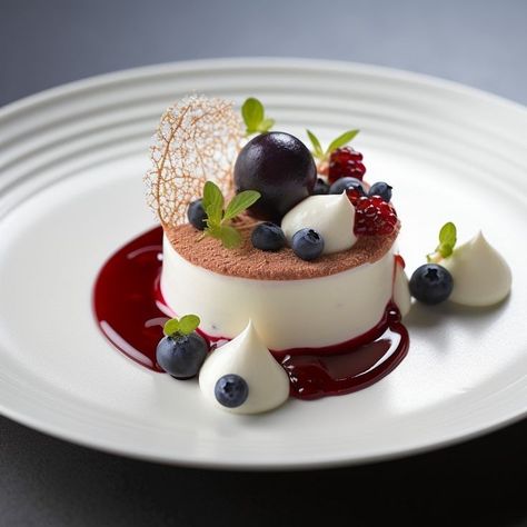 Plating Cheesecake Ideas, Plating Ideas For Desserts, Desserts Plating Ideas, Fancy Food Plating, Spring Plated Desserts, Gourmet Dessert Plating, Fine Dining Plating Desserts, Fine Dining Cheesecake, Panacotta Plating Ideas