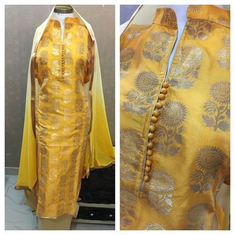 The Potli button detailing is a good option if you want something unique. Potli neck designs are distinctive and very old-fashioned. You can easily experiment with potli neck design patterns with any style of Kurtis and salwar suits. Yellow Silk Kurti Designs, Yellow Silk Suit Designs, Banarsi Neck Suit Design, Design For Silk Suits, Ledis Suit Design, Brocade Churidar Designs, Neck Designs For Silk Suits, Broket Kurta Design, Broket Silk Suit Design