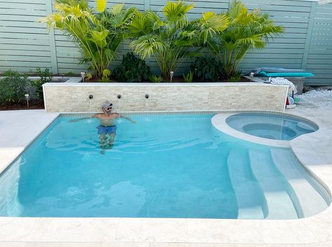 Our Small Backyard Pool: The Cost, Process & More | Young House Love Pool Off Side Of House, Small Pool In Small Backyard, Pool Design For Small Backyard, Small Yard Inground Pool Ideas, Small Pool Backyard Landscaping, Pool In A Small Yard, Small Yards With Pools, Spool Pool Cost, Small Rectangle Pool With Spa