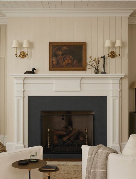 Offset Fireplace With Built Ins, Fireplace Pop Of Color, Colonial House Fireplace, English Family Room, Living Room English Cottage, Colonial Fireplace Mantle, Fireplace Molding Ideas, Fireplace Before And After, Fireplace With Windows On Each Side