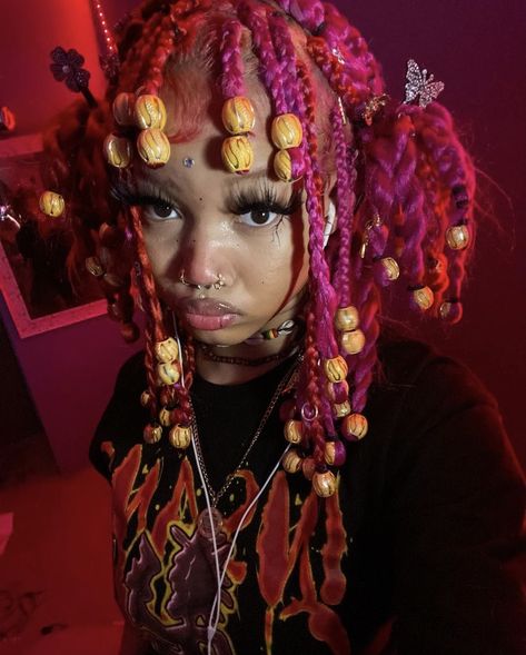 y2k// jade braids// y2k accessories// beads//hair charms// led lights Jade Braids Pink, Braided Hairstyles With Charms, Braids With Charms Black Women, Black Hair Ideas Braids, Curly Hair Bead Hairstyles, Charms In Braids, Hair Styles For Mannequin Heads, 4c Y2k Hairstyles, Braids With Bangs And Beads