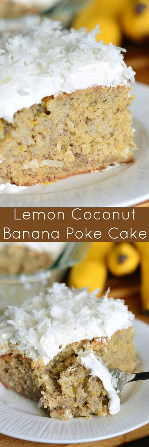 Lemon Coconut Banana Poke Cake. Soft and moist banana cake made with coconut and lemon flavors from top to bottom. #bananacake #pokecake #coconut #banana #dessert Lemon Banana Cake, Banana Coconut Cake, Lemon Coconut Cake, Moist Banana Cake, Coconut Poke Cakes, Lemon Banana, Lemon And Coconut Cake, Coconut Syrup, Lime Cake