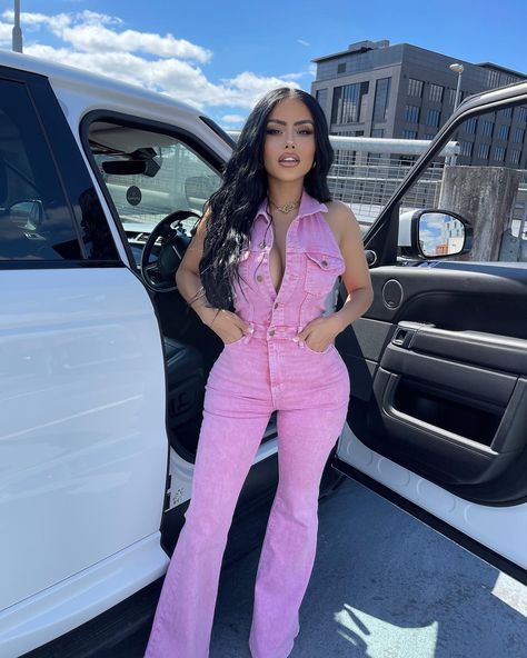 Pink Jumpsuit Outfit Black Women, Fashion Nova Denim Jumpsuit, Pink Denim Jumpsuit Outfit, Concert Jumpsuit Outfit, Hot Pink Concert Outfit, Denim And Pink Outfit, Jean Jumpsuit Outfit Black Women, Birthday Jumpsuit Outfits, Denim Jumpsuit Outfit Black Women