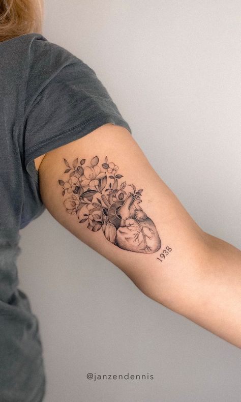 Heart And Hands Tattoo, Fineline Anatomical Heart Tattoo, Flower Tattoos Memorial, Heart Blooming Flowers Tattoo, Heart With Plants Tattoo, Tattoos For Mom From Daughter, Heart Anatomical Tattoo, Heart Organ Tattoo Flowers, Flowers In Heart Tattoo