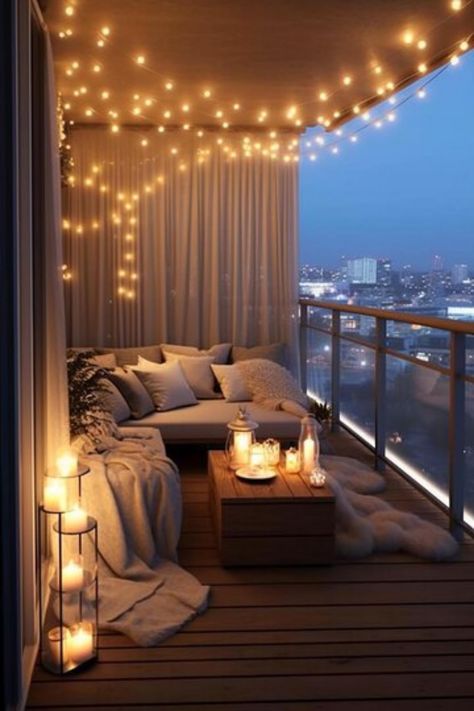 Balcony decoration idea Luxury Small Balcony Design, Cozy Outdoor Balcony Ideas, Small Balcony Aesthetic, Privacy On Balcony, Balkon Ideas, Balconies Ideas, Balcony Bed, Big Balcony Ideas, Aesthetic Balcony