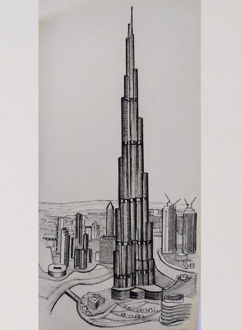 The tallest buildings in the world in miniature 828-metre, Burj Khalifa in Dubai in 18,5 cm, my drawing, architecture, UAE, Asia Burj Khalifa Drawing, Dubai Burj Khalifa, Disney Drawing Tutorial, Ing Civil, Architecture Drawing Sketchbooks, Perspective Drawing Architecture, Interior Architecture Drawing, Art Sketches Doodles, Building Drawing