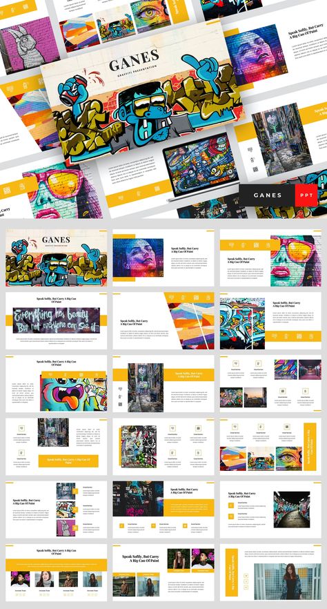 Graffiti PowerPoint Template. 36 unique slides Event Proposal, Brochure Design Layout, Presentation Deck, Presentation Design Layout, Proposal Design, Powerpoint Design Templates, Presentation Layout, Magazine Layout Design, Graphic Design Layouts