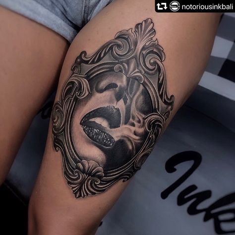 Tattoo done by oyon at @notoriousinkbali  Check our Facebook page or instagram Makeup Artist Tattoo, Mirror Tattoo, Sin Tattoo, Mens Body Tattoos, Mirror Tattoos, Autumn Tattoo, Girl Mirror, Girls With Sleeve Tattoos, Makeup Tattoos