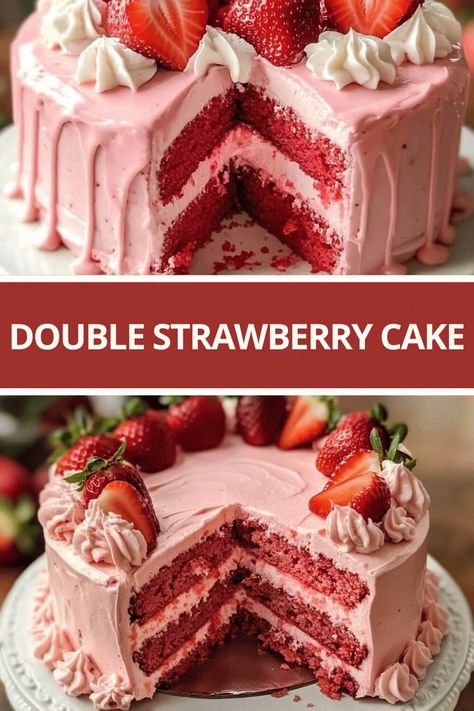 Delight in the sweet, fresh flavors of strawberries with this Double Strawberry Cake! Perfect for any occasion, this cake combines a strawberry-flavored cake base with a creamy, strawberry-infused cream cheese frosting, making it a must-try for strawberry lovers. Strawberry Pudding Cake Recipes, Strawberry Moist Cake, Strawberry Genoise Cake, Strawberry Cake And Icing, Strawberry Cake Strawberry Icing, Wedding Cake With Strawberry Filling, Strawberry Butter Cake Recipe, Strawberry Cake With Frosting, Strawberry Banana Smash Cake