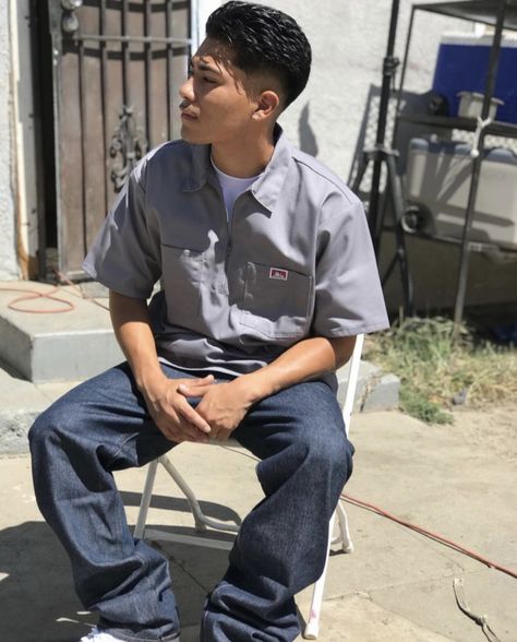 Fine Slickbacks, 90s Cholo Men, Haircut For Mexican Men, Mexican Hair Styles Men, Cholo Slick Back, Slick Backs Men, Slickbacks Men, Mexican Guy Haircut, Dickies Work Shirt Outfit