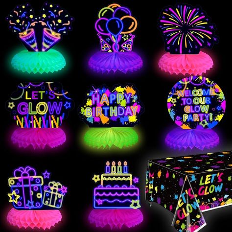 Amazon.com: 10 Pieces Glow in The Dark Party Table Decorations, Neon Table Honeycomb Centerpiece and Let's Glow Tablecloths Set - Black Light Table Topper Neon Decorations for Kids Glow in Dark Party Supplies : Toys & Games Glow In The Dark Centerpieces, Neon Table, Glow Theme Party, Neon Decorations, Honeycomb Centerpiece, Neon Party Decorations, Neon Party Supplies, Glow In Dark Party, Glow In The Dark Party