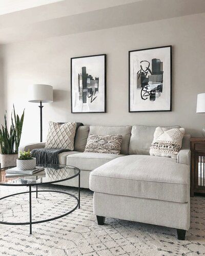 Beige Gray Couch Living Room, White Cloud Sofa Living Room, Living Room Canada, White Couch Grey Walls, Beige Grey And Black Living Room, Grey Sofa Beige Walls, Beige Black White Living Room, Beige White And Black Living Room, Grey Black And White Living Room