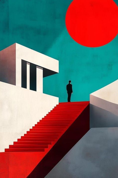 Modern Minimalist Canvas Print with Bold Red Staircase and Turquoise Background Inspired by Bauhaus Style Wall Art by CustomCanvasCurators 🎨 Elevate your space with our Modern Minimalist Canvas Print! 💫 Embrace the bold red staircase and serene turquoise backdrop, inspired by the iconic Bauhaus movement. ✨ Perfect for adding a touch of contemporary design to your home, office, or studio. 💙🖼️ Let's spark conversations about art, modernism, and the power of color! 🌈 Perfect for art lovers or ... Contemporary Geometric Art, Bauhaus Room, Bauhaus Background, Red Background Painting, Bauhaus Illustration, Red Staircase, Red Modern Art, Focal Point Art, Modernism Art