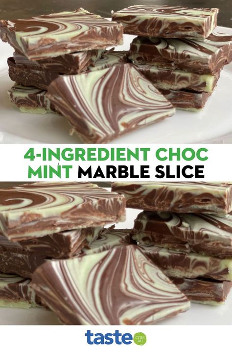 We don't know about you, but we're totally hypnotised by this marbling. The iconic pairing of chocolate and mint is back, with this slice offering a combination of fresh and rich indulgence. Make sure you spare 2 hours to let it set! Marble Chocolate, Chocolate Slice, Slices Recipes, Neighbor Gifts, Marbling, Mint Chocolate, 4 Ingredients, Sweet Recipes, Sweet Treats