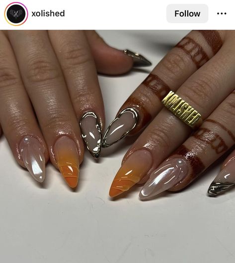 Fall Press On Nails, Acrylic Nails Summer, Grey Nail Designs, Nails Chrome, Chrome Nail Art, Nail Designs Tutorial, Chrome Nail, Trendy Nail Art Designs, Fall Acrylic Nails