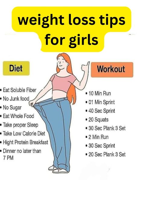 Weight Loss Tips for Girls: Balanced Diet: Focus on incorporating plenty of fruits, vegetables, lean proteins, and whole grains into your meals. Avoid processed foods and excessive sugar intake. Stay Hydrated: Drink plenty of water throughout the day to stay hydrated and curb cravings. Sometimes thirst can be mistaken for hunger. Regular Exercise: Incorporate both cardiovascular exercises (like walking, running, or cycling) and strength. Calorie Cycling, Curb Cravings, Workout Eating, Avoid Processed Foods, Quick Workout Routine, Sugar Intake, Drink Plenty Of Water, Whole Grains, Low Calorie Diet