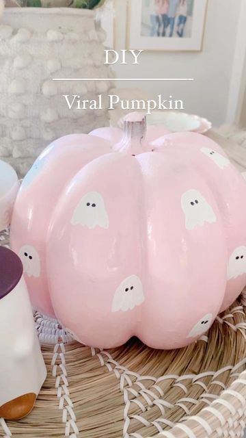 Pumpkins To Paint Ideas, Pink And White Pumpkins, Pumpkin Painting Ideas On White Pumpkin, Ghosts Pumpkin Painting, Pumpkin Painting Ideas Ceramic, Pink Ghost Pumpkin Painting, Paint Ideas Pumpkin, What To Paint Your Pumpkin, Ideas For Painted Pumpkins