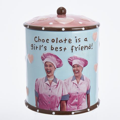 I Love Lucy Products over 700 Items in Stock | LucyStore.com Lucy And Ethel, Ceramic Cookie Jar, Pink Chocolate, Lucille Ball, Kurt Adler, Love Lucy, I Love Lucy, Chocolate Factory, Winter Pictures