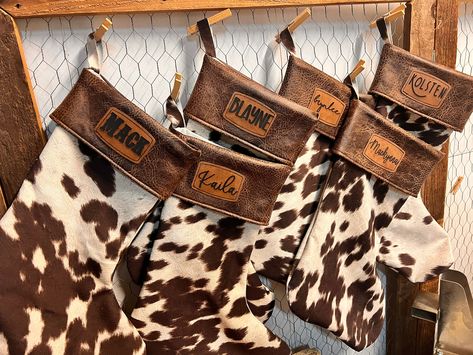 Cowhide Christmas Stockings - Etsy Canada Cow Print Christmas Stocking, Easy Cowhide Crafts, Farm Theme Christmas Decor, Western Stockings Christmas, Cowhide Stockings Christmas, Cow Print House Decor, Cow Print Home Decor, Diy Cowhide Projects, Cow Hide Crafts