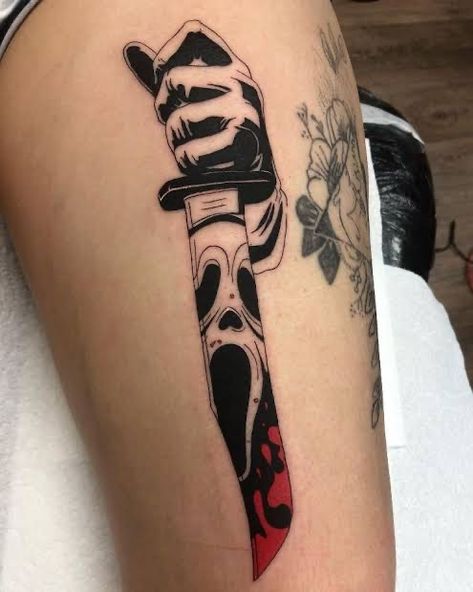 Ghostface Knife Tattoo, Ghostface Knife, Tattoos On Thigh, Knife Tattoos, Funny Ghostface, Ghostface Tattoo, Thigh Band Tattoo, Temporary Face Tattoos, Knife Tattoo