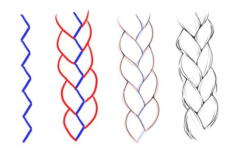 Braid Sketch Tutorial, Braid How To Draw, Braid Art Tutorial, How Draw Braids, How To Draw Two Braids, Braids Sketch How To Draw, How To Draw Scarves, How To Paint Hair Braids, How To Draw Braids Anime