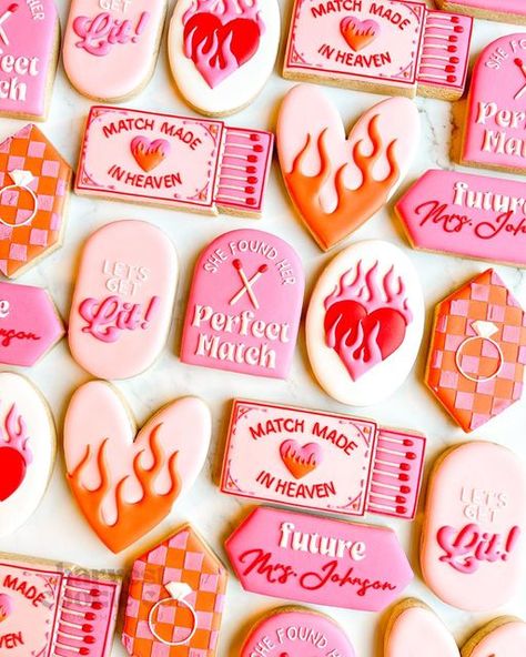 Custom Cookies - Omaha/Ft.Calhoun on Instagram: "A Match Made in Heaven 🔥🩷  The way I squealed when my customer sent me this theme, I was so excited! The coolest bachelorette party theme ever.   arch, oval, long hexagon @kaleidacuts  hexagon @frosted_by_meagan  Oval @maisonscustomcutters  heart @charlson_cookieco inspired by @driftlesscookies  matchbox inspired by @karleyhilldesign.etsy   #amatchmadeinheaven #bachelorettecookies #perfectmatchbachelorette #customcookies" Bachelorette Party Cookies, Bachelorette Party Theme, Engagement Party Themes, Bachelorette Cookies, Cookie Board, Engagement Cookies, Bridal Theme, Vegas Bachelorette, Bachelorette Party Planning