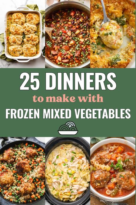 Got a bag of frozen mixed vegetables in the freezer but not sure what you can make with it? I've got you covered with 25 easy, budget-friendly dinner ideas that transform those humble veggies into dinners your family will actually be excited to eat! Veggies First Meals, Recipe With Mixed Vegetables, Vegetable Loaded Dinner, Frozen Veggie Meals, Vegetables You Can Freeze, Recipes With Mixed Vegetables, Frozen Mix Vegetables Recipes, Chicken Mixed Vegetables Easy Dinners, Recipes With Frozen Mixed Vegetables