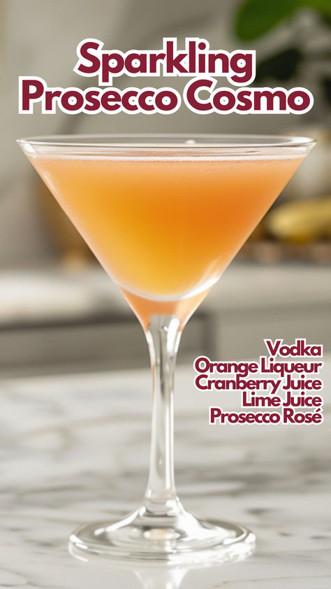 Sparkling Prosecco Cosmo Thanksgiving Cosmopolitan, Vodka Prosecco Cocktail, Sparkling Cosmopolitan, Peach Cosmo, Cosmopolitan Cocktails, Cosmo Recipe, Martinis Drinks, Orange Vodka, Cocktail Drinks Alcoholic