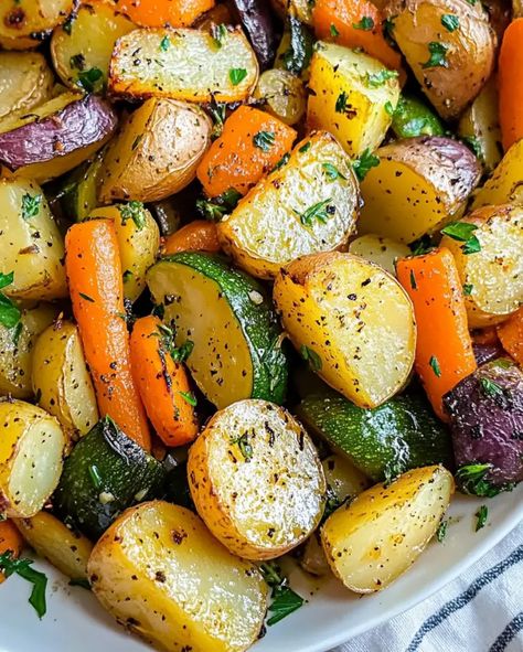 Roasted Potatoes, Carrots, and Zucchini Carrot And Potato Recipes, Roasted Potatoes Carrots, Carrots And Zucchini, Roasted Potatoes And Carrots, Potatoe Salad, Veggie Recipe, Roast Zucchini, Potatoes And Carrots, Vegetables Side Dishes