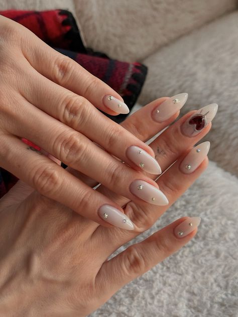 simple milky white nail ideas with gemstones and diamond heart aesthetic | E N A Simple Milky White Nails, Milky White Nail Ideas, Milky White Nail, Gemstone Nails, Nails Milky, White Nail Ideas, Milky White Nails, Heart Aesthetic, Dirty White