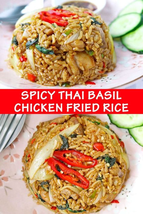 Spicy Thai Basil Chicken, Thai Basil Recipes, Thai Fried Rice, Thai Basil Chicken, Thai Rice, Cooking Tricks, Basil Recipes, Spicy Thai, Basil Chicken