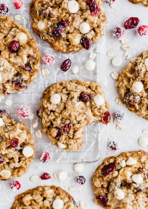 White Chocolate Cranberry Oatmeal Cookies are a festive and delicious holiday cookie! This thick and chewy oatmeal cookie is packed with white chocolate chips and dried cranberries. #saltandbaker #holidaycookie #cookierecipe White Chocolate Cranberry Oatmeal Cookies, Cranberry White Chocolate Chip Cookies, Cranberry Oatmeal Cookies, Chocolate Marshmallow Cookies, Cranberry Oatmeal, Cranberry White Chocolate, White Chocolate Cranberry Cookies, Chocolate Chip Shortbread Cookies, Quick Cookies