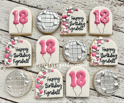 21st Birthday Biscuits, Dancing Queen 17 Cookies, 18th Birthday Cookie Ideas, Disco Cowgirl Cookies Birthday, 15 Birthday Cookies, Pink Disco Cookies, Disco Party Treats, Preppy Birthday Cookies, 18th Cookies