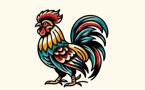 Rooster Tattoo Meanings: Courage and Honesty Golden Dragon Tattoo, Traditional Tattoo Animals, Traditional Back Tattoo, Traditional Tattoo Flash Sheets, Traditional Tattoo Drawings, Rooster Tattoo, Pig Tattoo, Traditional Tattoo Inspiration, Sailor Jerry Tattoos