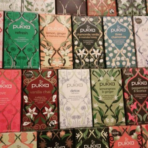 Pukka tea boxes. Pukka Tea Aesthetic, Indian Tea Packaging, Chai Pani, Pukka Tea, Tea Boxes, Tea Logo, Wild Meadow, Indian Tea, Indian Colours