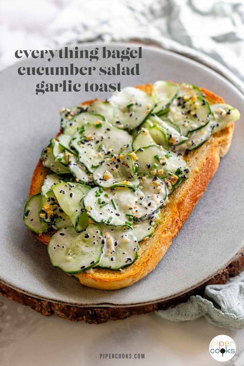 Looking for a fresh twist on toast? This Cucumber Salad Garlic Toast is a game-changer! Thinly sliced cucumbers tossed in mayo and everything bagel seasoning create a cool, creamy topping for warm, garlicky bread. It's a texture lover's dream - crunchy, smooth, and crispy all in one bite. Plus, it's super easy to make. Ideal for busy weeknights or lazy weekend brunches. Customize it with your favorite seasonings or add some feta for extra tang. Get ready to fall in love with this tasty treat! Cucumber Toast Recipe, Cucumber Everything Bagel, Cucumber Toast, Bean Toast, Unstuffed Pepper Casserole, Italian Seasoning Recipe, Pepper Casserole, White Rice Recipes, Easy Stuffed Peppers