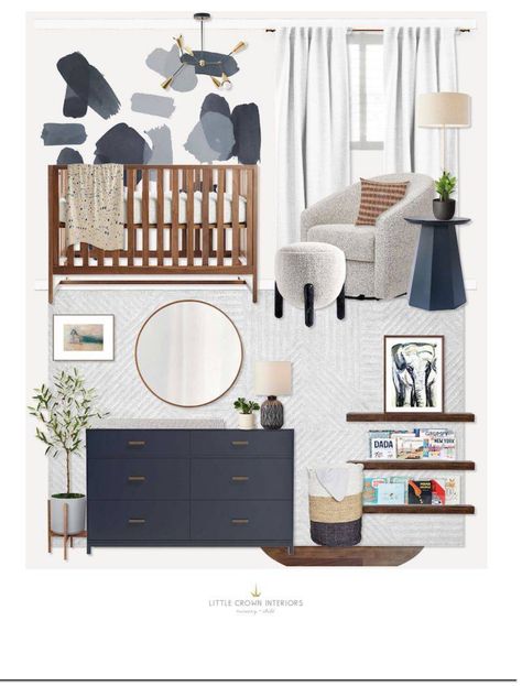 Nursery With Blue Crib, Nursery Walnut Crib, Navy Accent Nursery, Nursery With Navy Accents, Nursery With Dark Wood Crib, Navy Grey Nursery, Grey And Natural Wood Nursery, Dark Grey Crib Nursery, Navy And Wood Nursery