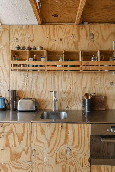 stylish tiny house beach shack with Ikea hack kitchen Marcia Mihotich and Durrell Bishop Ikea Metod Kitchen, Stewart Island, Ikea Bekvam, Tiny Beach House, Ikea Hack Kitchen, Plywood Kitchen, Plywood Interior, Stainless Steel Counters, Decor Ikea