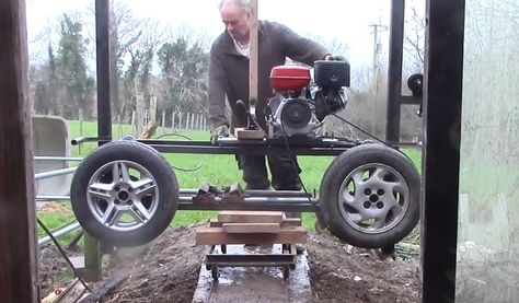 DIY Video: How to build a Simple Homemade Bandsaw Mill from Old Car Wheels | Practical Survivalist Diy Sawmill, Chainsaw Mill Plans, Homemade Bandsaw Mill, Diy Bandsaw, Portable Saw Mill, Garage Heater, Bandsaw Mill, Patio Cooler, Saw Mill