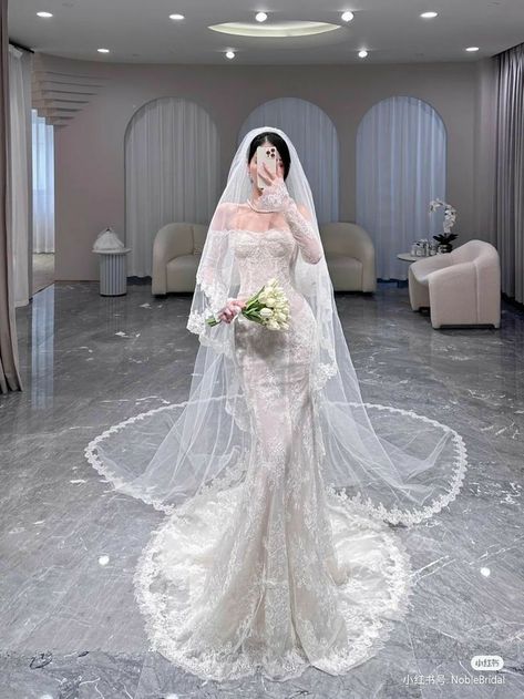 Long Sleeve Glam Wedding Dress, Mermaid Style Dress Wedding, Coquette Wedding Dresses, Douyin Wedding Dress, Wedding Dresses Korean Style, Coquette Wedding Dress, Brithday Dress, Wedding Dress Korean Style, Wedding Dresses Korean